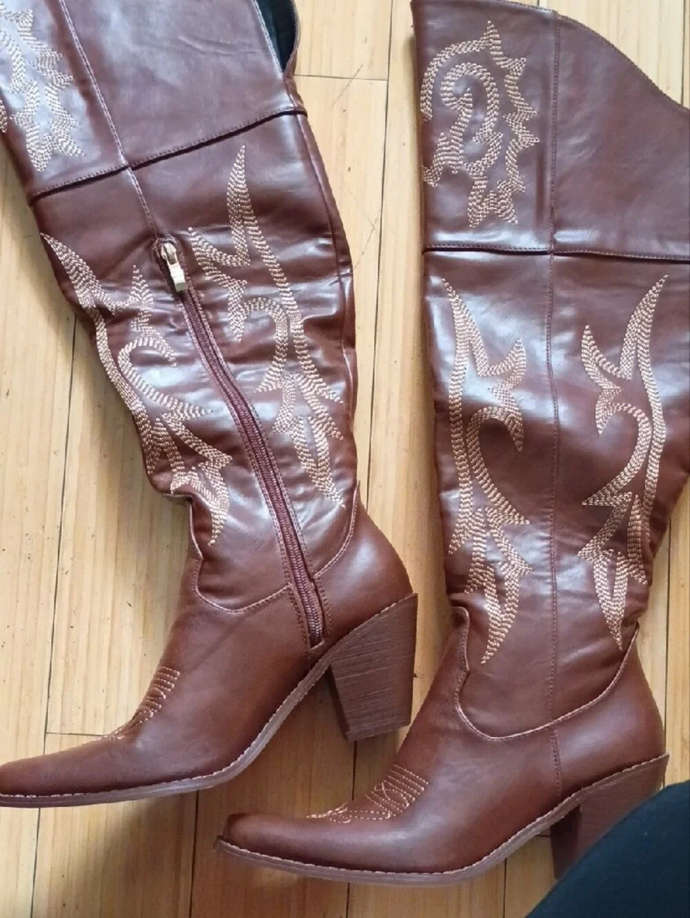 SHEIN Brown Over-the-Knee Western Embroidered Boots